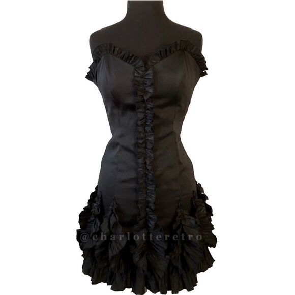 Vintage Niki by Niki Livas Black ruffle trumpet cocktail dress LBD Y2K - Picture 2 of 7